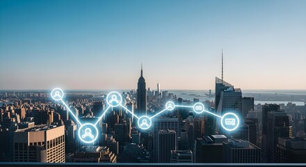 Overlay of connection icons pulsating over a cityscape