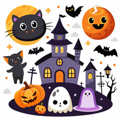 Fototapeta premium Cute halloween characters and haunted house illustration with pumpkins and bats