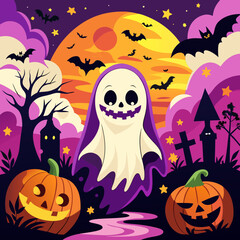 Cute cartoon ghost and jack o lanterns celebrate halloween under a full moon with bats and spooky trees