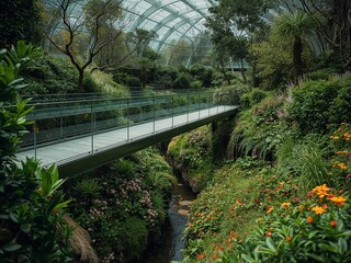 A modern footbridge over a stream in a lush, tropical conservatory.