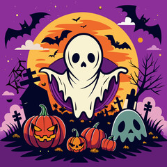 Spooky halloween scene with a friendly ghost jack o lanterns bats and a graveyard under a full moon