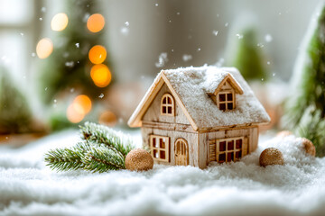 Naklejka premium Cozy wooden holiday cottage surrounded by festive decorations and snow seasonal scene