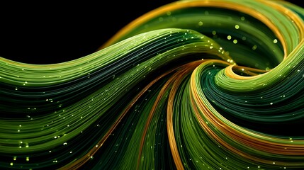 A vibrant green and orange abstract wave design with a black background, featuring a mix of green and orange lines and dots, creating a dynamic and visually striking composition.