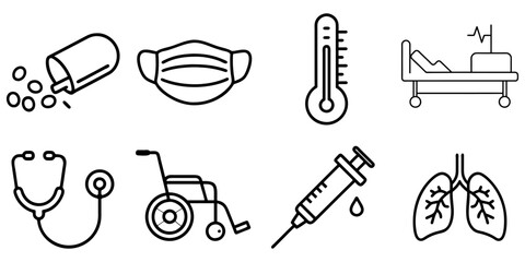 Collection of medical icons featuring healthcare symbols and equipment for medical services white background