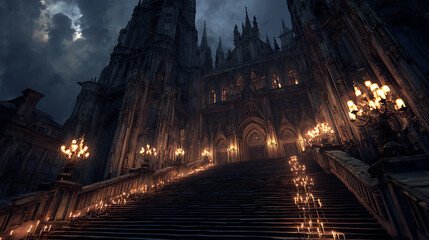 Obraz premium Grand Gothic Cathedral Staircase Illuminated by Chandeliers and Candles grand staircase ornate architecture
