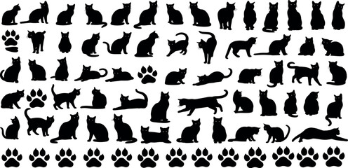 Diverse collection of cat silhouettes and paw prints. A set of black domestic pet icons showing various feline poses and actions.
