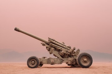 Large field artillery cannon positioned on dusty desert terrain with soft pink sky and distant mountains in the background.