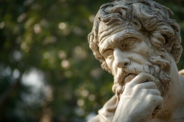 Fototapeta premium Stone statue of a bearded philosopher posed in contemplation, surrounded by lush greenery in a serene outdoor garden setting.