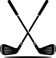 black silhouette of two crossed golf clubs isolated on white background, simple sports vector icon design for golf theme