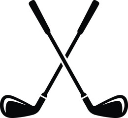 black silhouette of two crossed golf clubs isolated on white background, simple sports vector icon design for golf theme