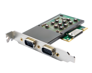 Computer expansion card with serial and parallel ports, isolated on transparent background