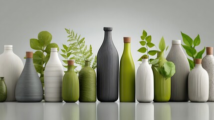 A collection of various ceramic vases and plants arranged on a white surface, with a focus on green and white colors.