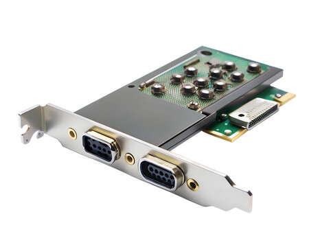 Computer expansion card with serial and parallel ports, isolated on transparent background