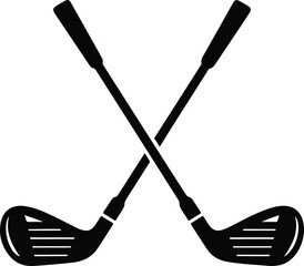 black silhouette of two crossed golf clubs isolated on white background, simple sports vector icon design for golf theme