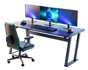 Modern gaming computer desk setup with triple monitors, keyboard, mouse, and ergonomic chair isolated on transparent background