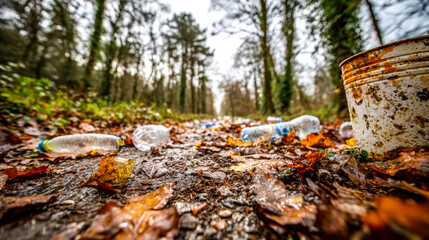 Fototapeta premium Littered forest trail with plastic bottles and rusted container amid fallen leaves