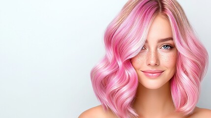 Fototapeta premium Blonde with multi-colored hair on a light background with empty space for text. Hairdressing and women's hairstyles.