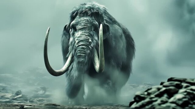 Ancient woolly mammoth emerging from misty prehistoric landscape. Ice age giant with curved tusks in atmospheric primordial environment.
