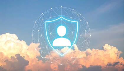 A digital shield protects a person, surrounded by a network, over clouds at sunset