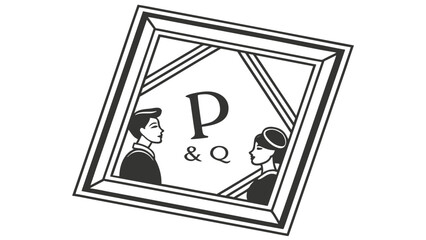 Illustration of a man and woman in a frame with the letters p and q and an ampersand symbol