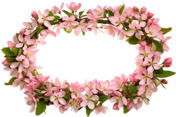 Blooming pink cherry blossom branches oval frame isolated on a transparent background