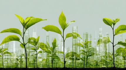 A lush green cityscape with tall buildings and trees, surrounded by a dense forest of young saplings, against a muted background.