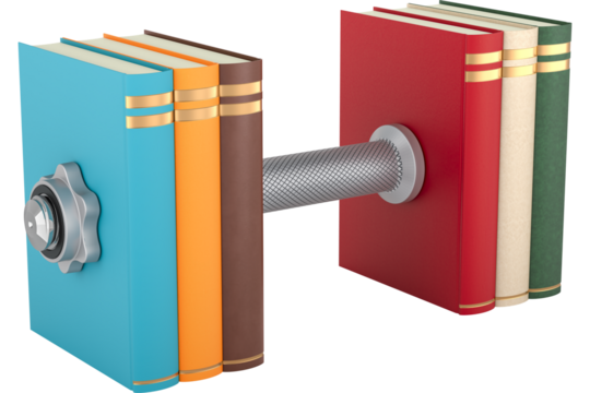 Dumbbell made from stack of books. Train and pump you brain, transparent background