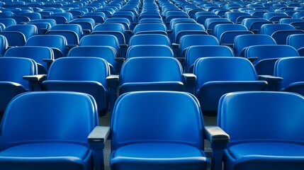 Naklejka premium Empty blue stadium seats in neat rows, highlighting the absence of spectators and game excitement