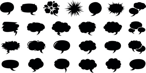 Versatile collection of black silhouette speech and thought bubbles. A set of blank communication icons for dialogue and comic design.