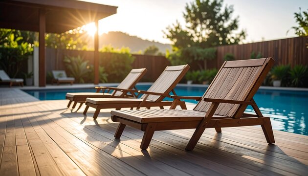 Sun-drenched poolside lounge chairs