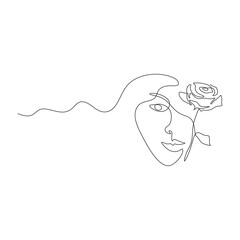 Minimalist One Line Drawing of Woman Face with Rose – Abstract Continuous Line Art