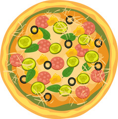 vector illustration of a pizza with olives, cucumber, cheese and sausages