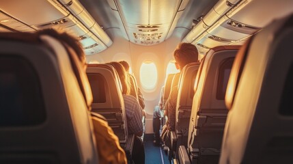 Obraz premium Passengers enjoying a domestic flight together, relishing a sunny afternoon in close quarters