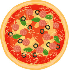 vector illustration of a pizza with sausages and olives