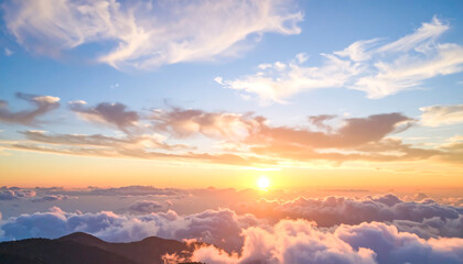 Fototapeta premium Serene Sunset Above Mountains: Golden Hour Cloudscape, Aerial View, Peaceful Atmosphere, Inspirational Nature Photography.