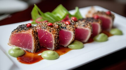 Seared Tuna Steak Slices with Sesame Seed Crust and Wasabi Aioli