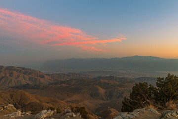 View of the San Andreas Fault from Keys View at sunset. Joshua Tree National Park.