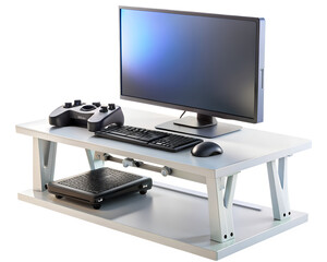Modern computer setup with monitor, keyboard, mouse, and gamepad on a desk, isolated on transparent background