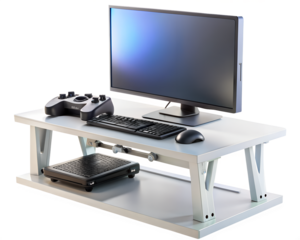 Modern computer setup with monitor, keyboard, mouse, and gamepad on a desk, isolated on transparent background