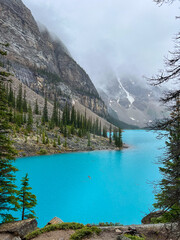 Moraine Lake turquoise waters in a rainy day, Banff NP, Canada