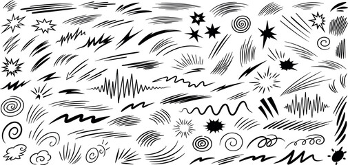 Hand-drawn doodle and scribble set. A large collection of abstract black lines, comic effects, swooshes, and emphasis marks for design.