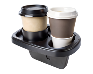 Two disposable coffee cups in a black plastic holder tray, isolated on transparent background