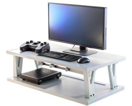 Modern computer setup with monitor, keyboard, mouse, and gamepad on a desk, isolated on transparent background