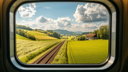 Obraz premium Scenic swiss farmland viewed from a train window a journey through picturesque countryside