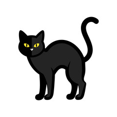 Obraz premium Modern flat vector illustration of black cat standing with yellow eyes on white background