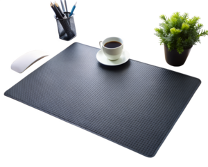 Desk setup with a black mousepad, coffee cup, mouse, stationery holder, and plant, isolated on transparent background