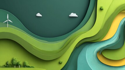 A green and yellow abstract landscape with a wind turbine, trees, and clouds in the sky. The background is a gradient of green and yellow, with a wavy texture.