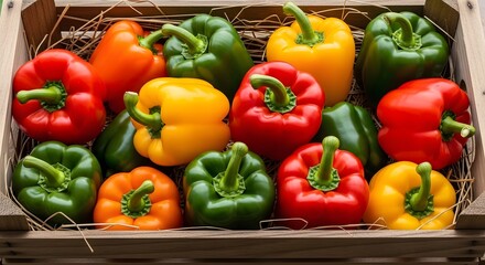 Closeup of colorful bell peppers in a wooden crate, a fresh and healthy ingredient