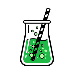 flat cartoon science beaker green liquid bubbling straw isolated vector icon