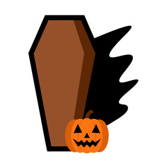 isolated flat vector illustration of halloween coffin jack-o-lantern and creepy bat wing